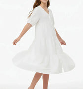 White tiered midi dress for girls with short sleeves and V-neck button front