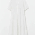 White girls tiered midi dress, short sleeves and V-neck button front, hanging view