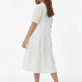White tiered midi dress for girls, short-sleeve V-neck and button front, side view