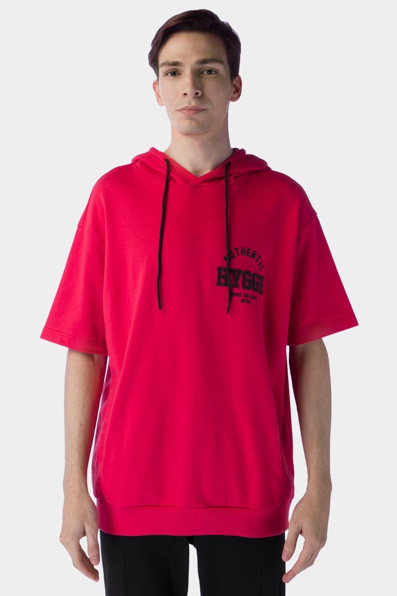 Half Sleeves Hoodie For Men - Cherry Red