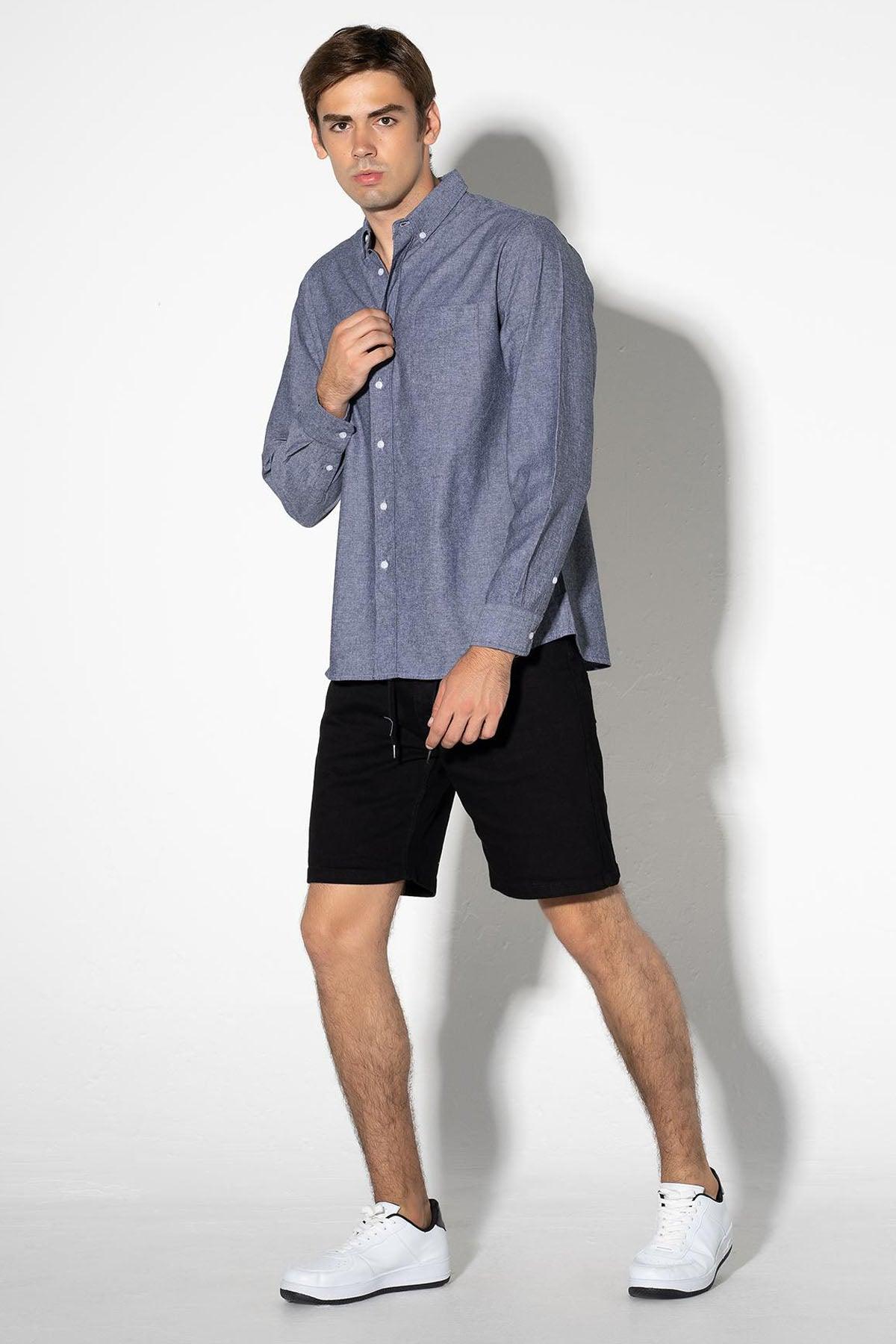 Solid Button Down Shirt For Men - Indigo