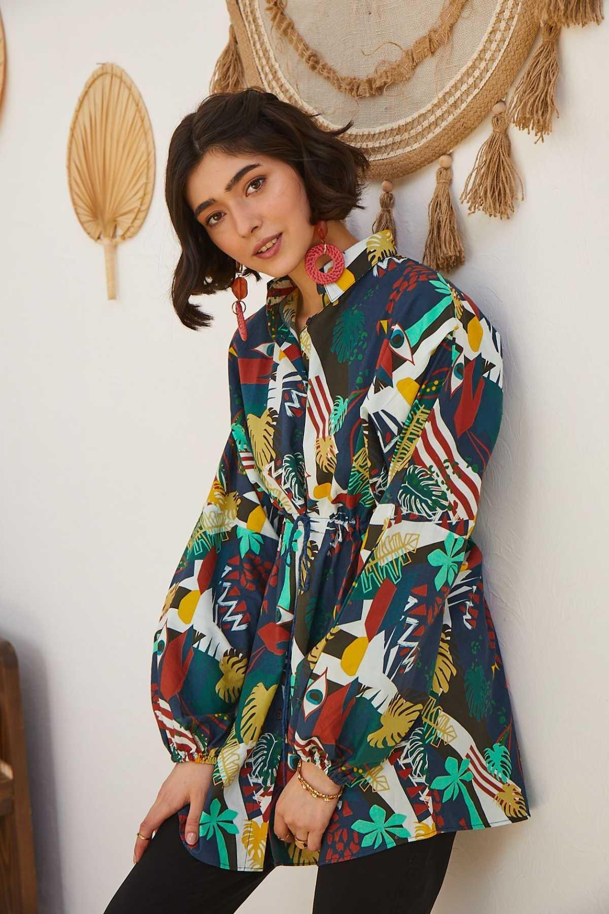 Printed Long Shirt For Women - Navy - MEME