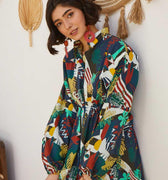 Printed Long Shirt For Women - Navy - MEME