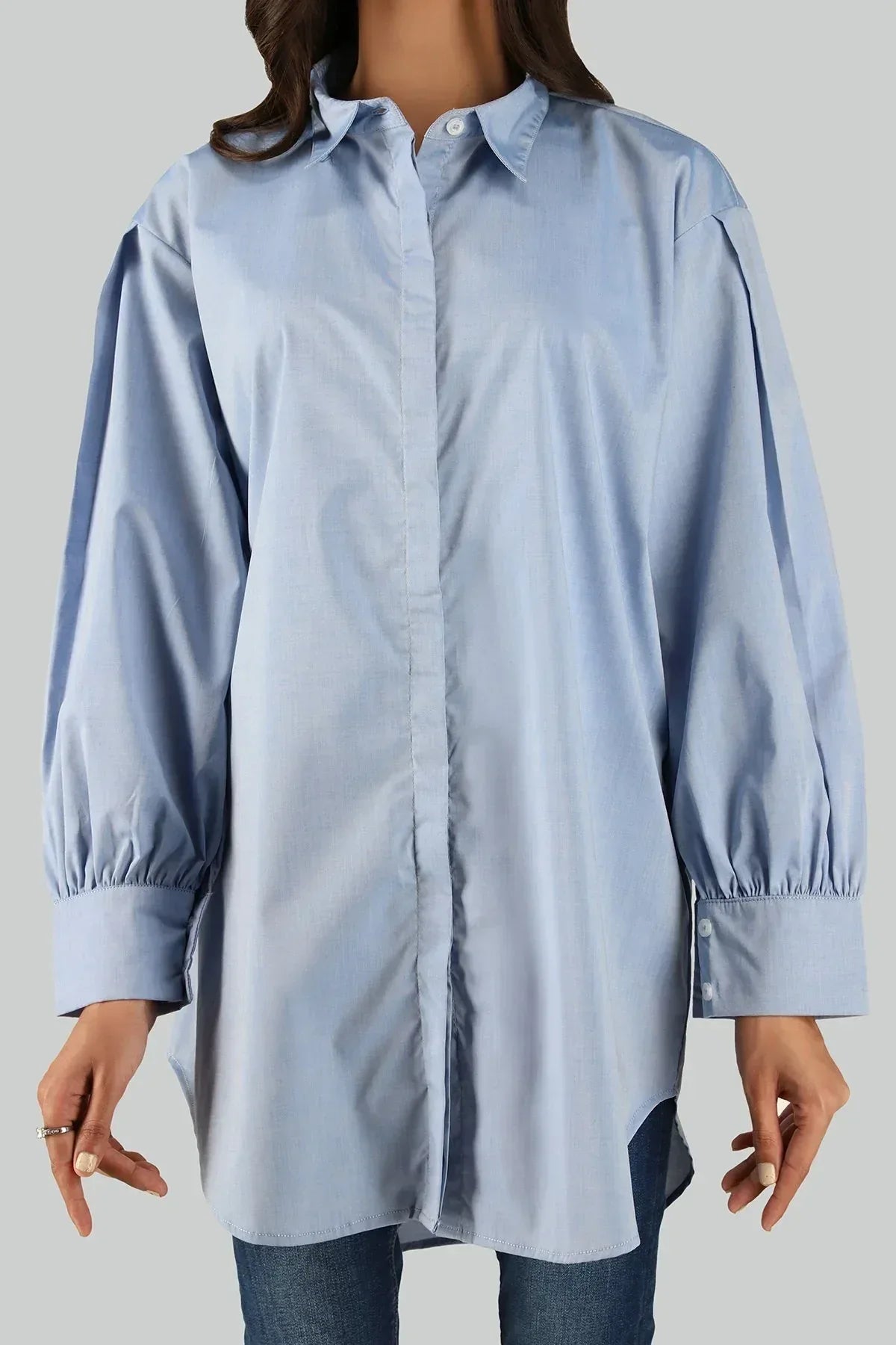 Solid Long Shirt For Women - Sky Blue - MEME
