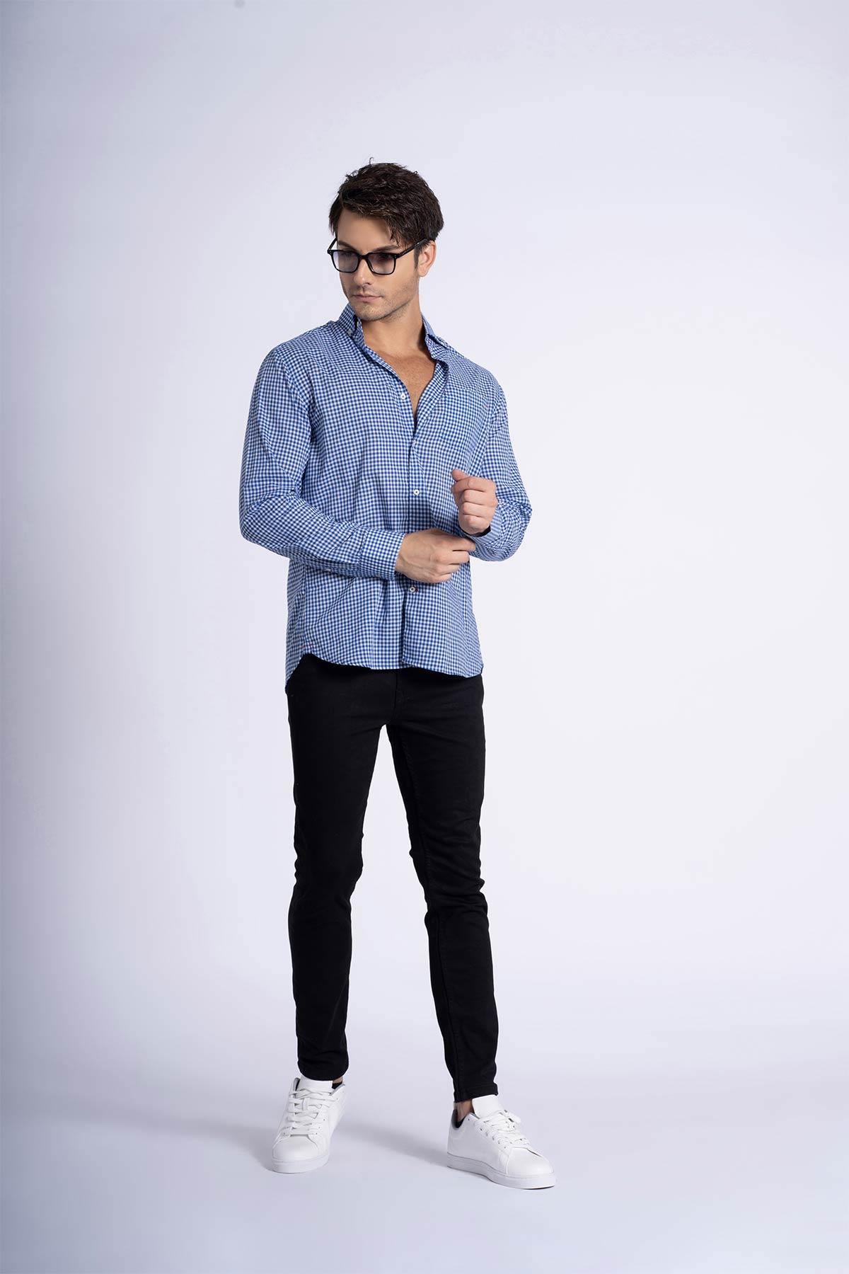 Check Button Down Shirt For Men - Blue Check
