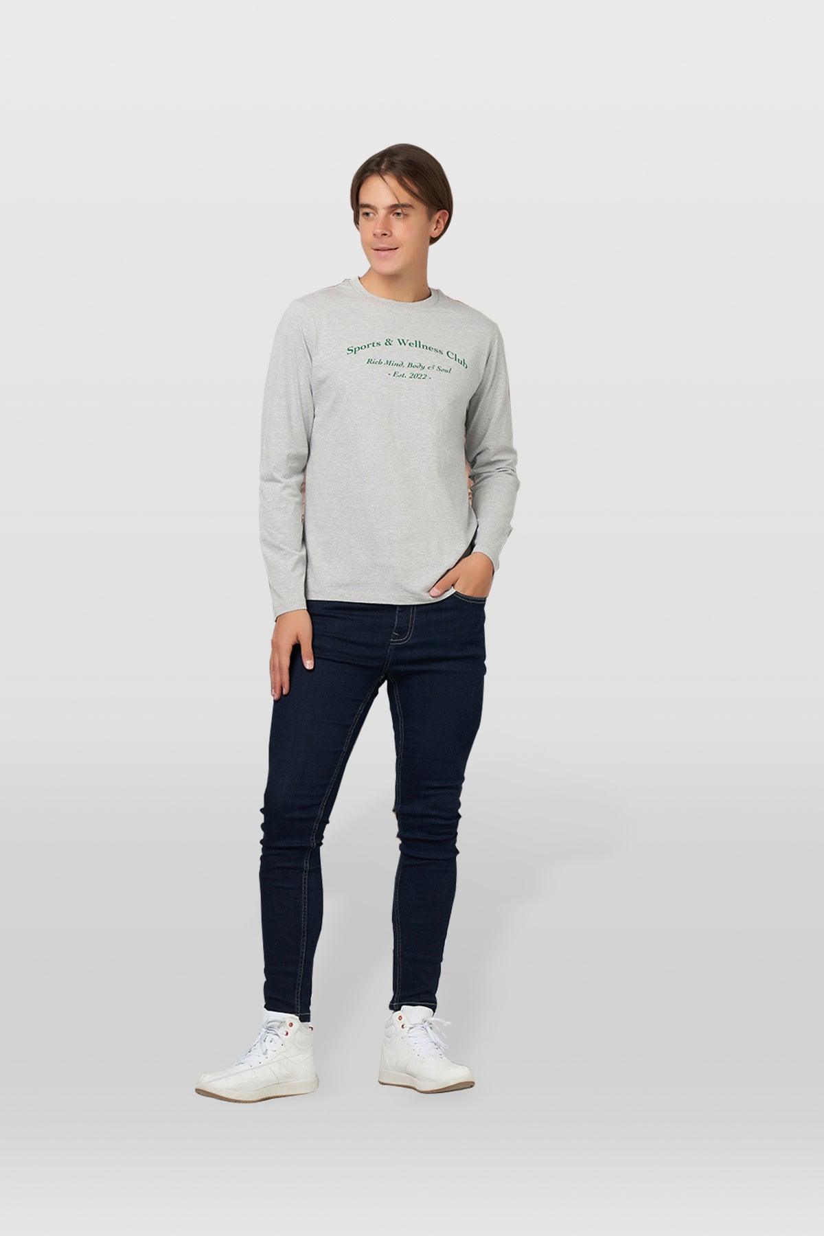 Long Seleeve Printed T-Shirt For Men - Grey Melange