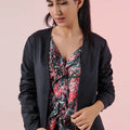 Womenâ€™s short dark blazer with long sleeves, open front and relaxed fit