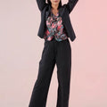 Womenâ€™s short dark blazer with long sleeves and open front, front view