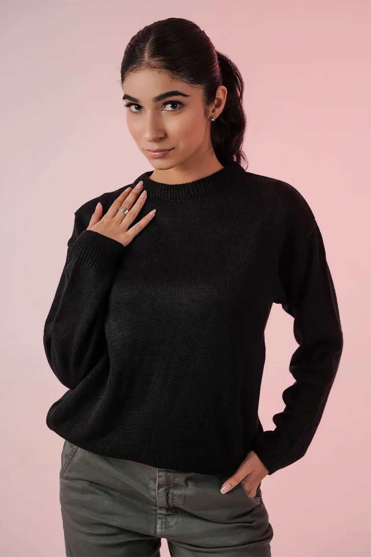 Crew Neck Sweatshirt For Women - Black