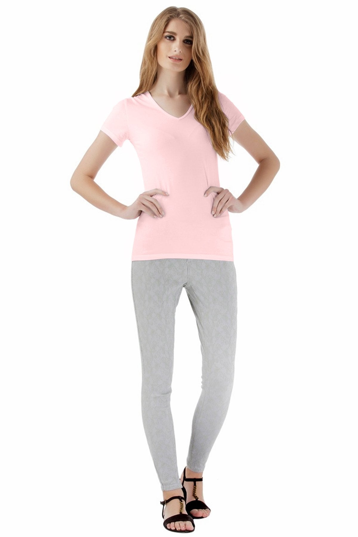 Solid V-Neck T-Shirt For Women - Pink 