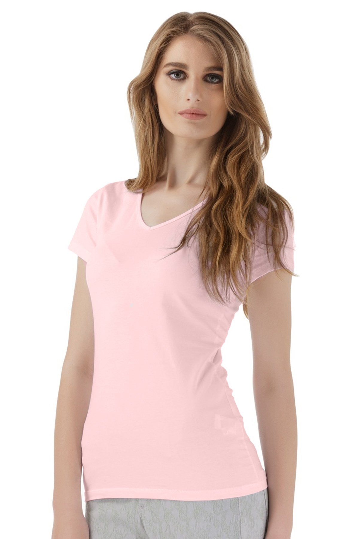 Solid V-Neck T-Shirt For Women - Pink 