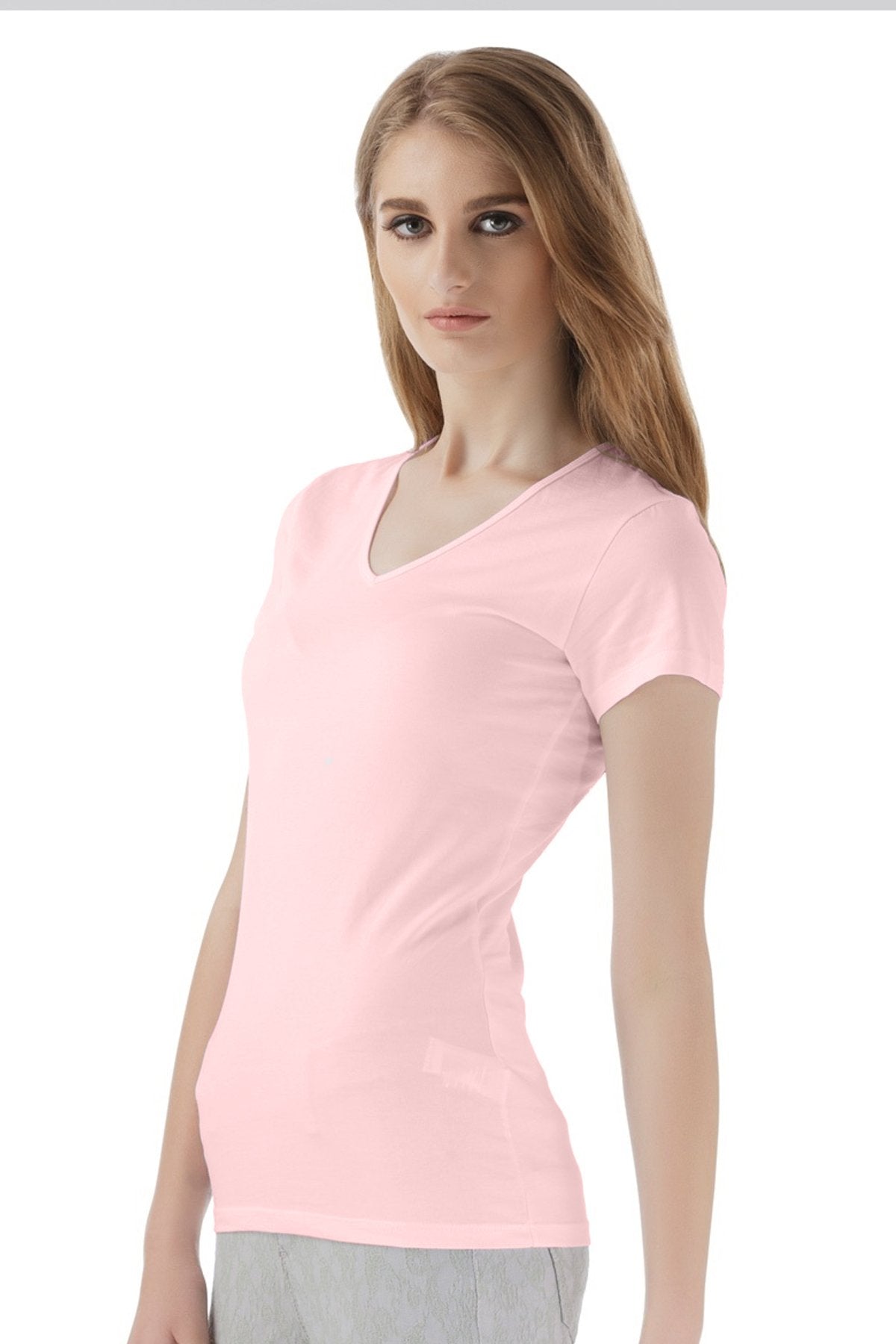 Solid V-Neck T-Shirt For Women - Pink 