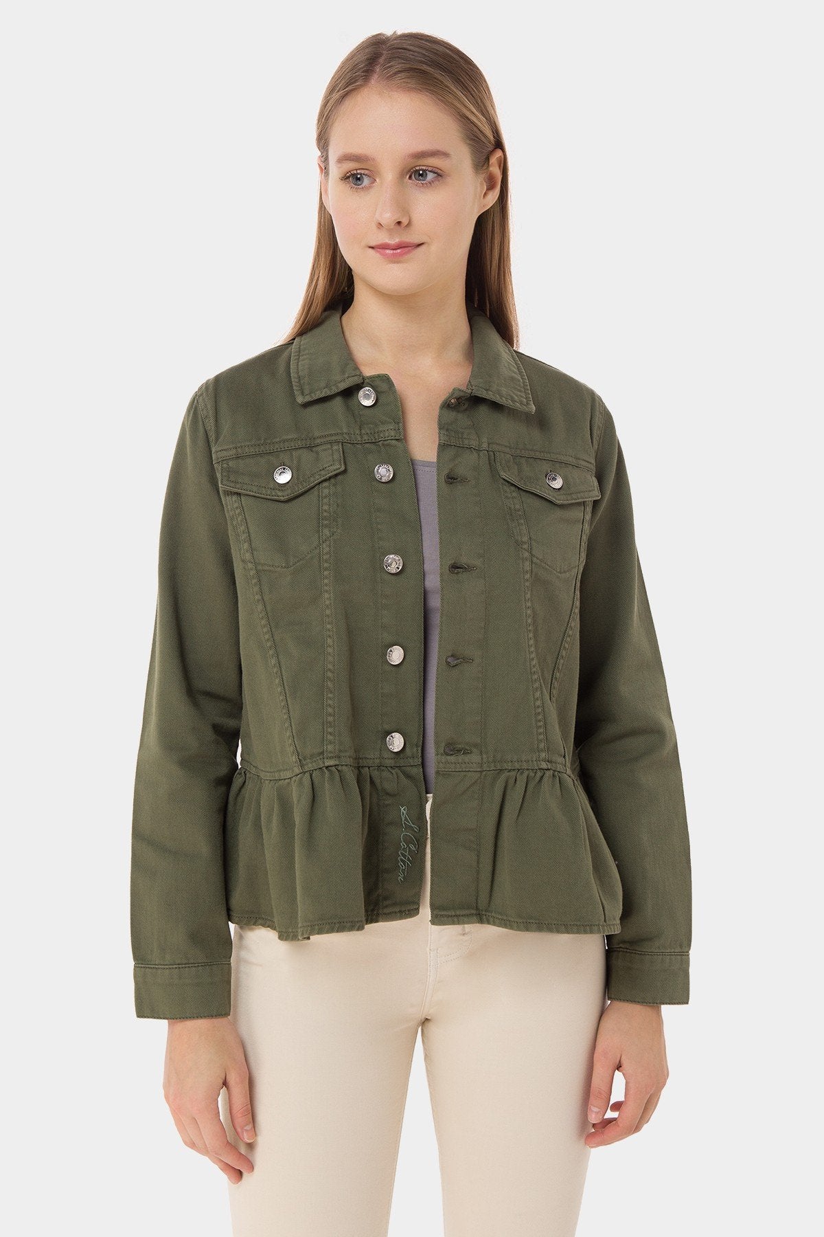 Solid Peplum Trucker Jacket