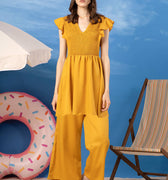 A-Line Shirring Midi Dress With Wide Leg Pants 