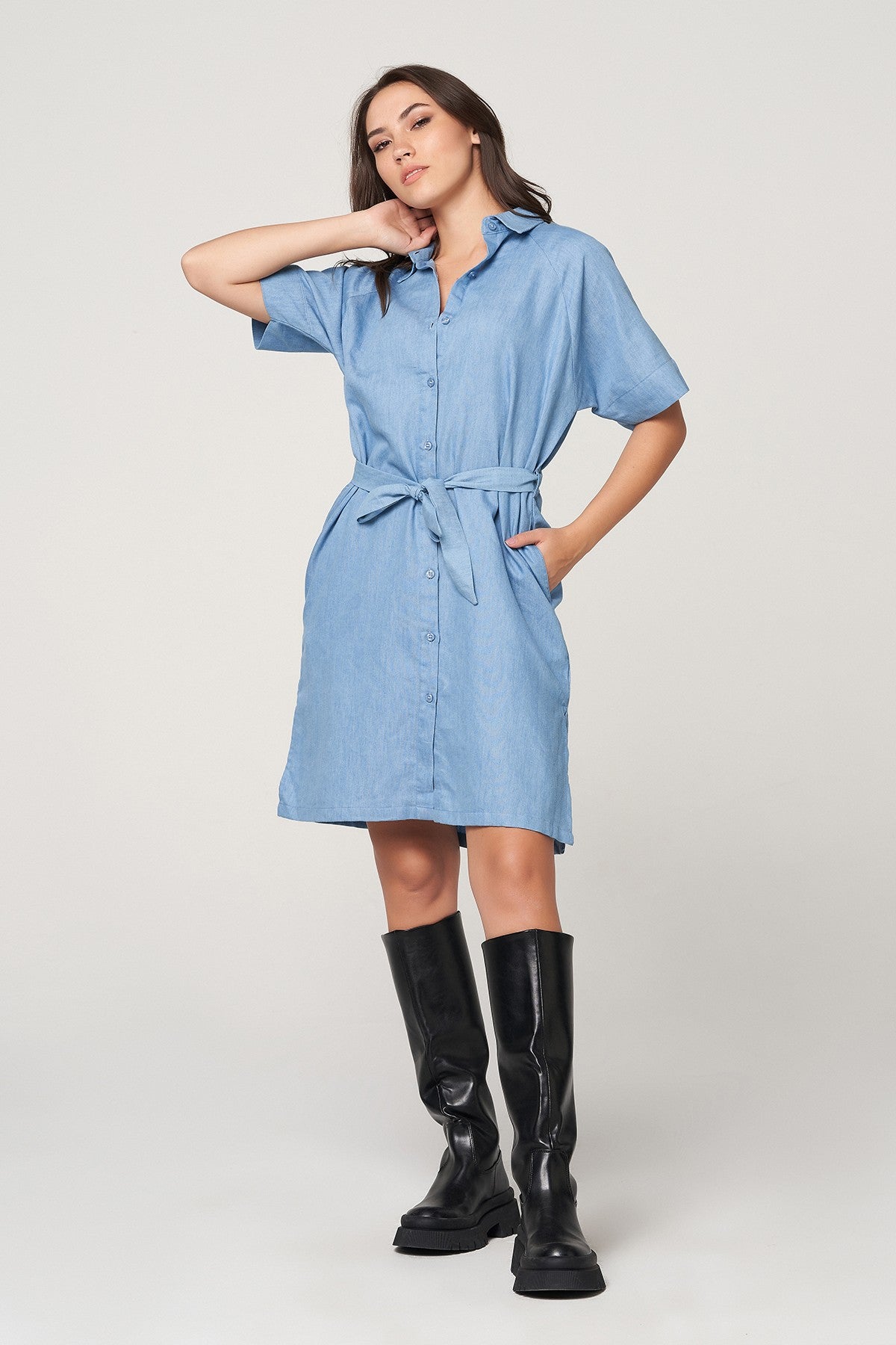 Light Wash Denim Shirt Dress 