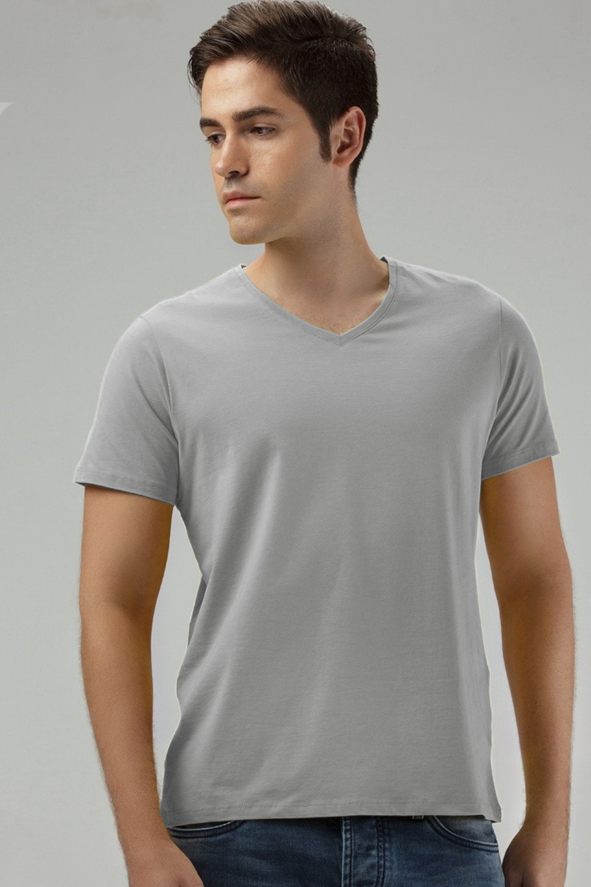 Solid V-Neck T-Shirt For Men - Grey 