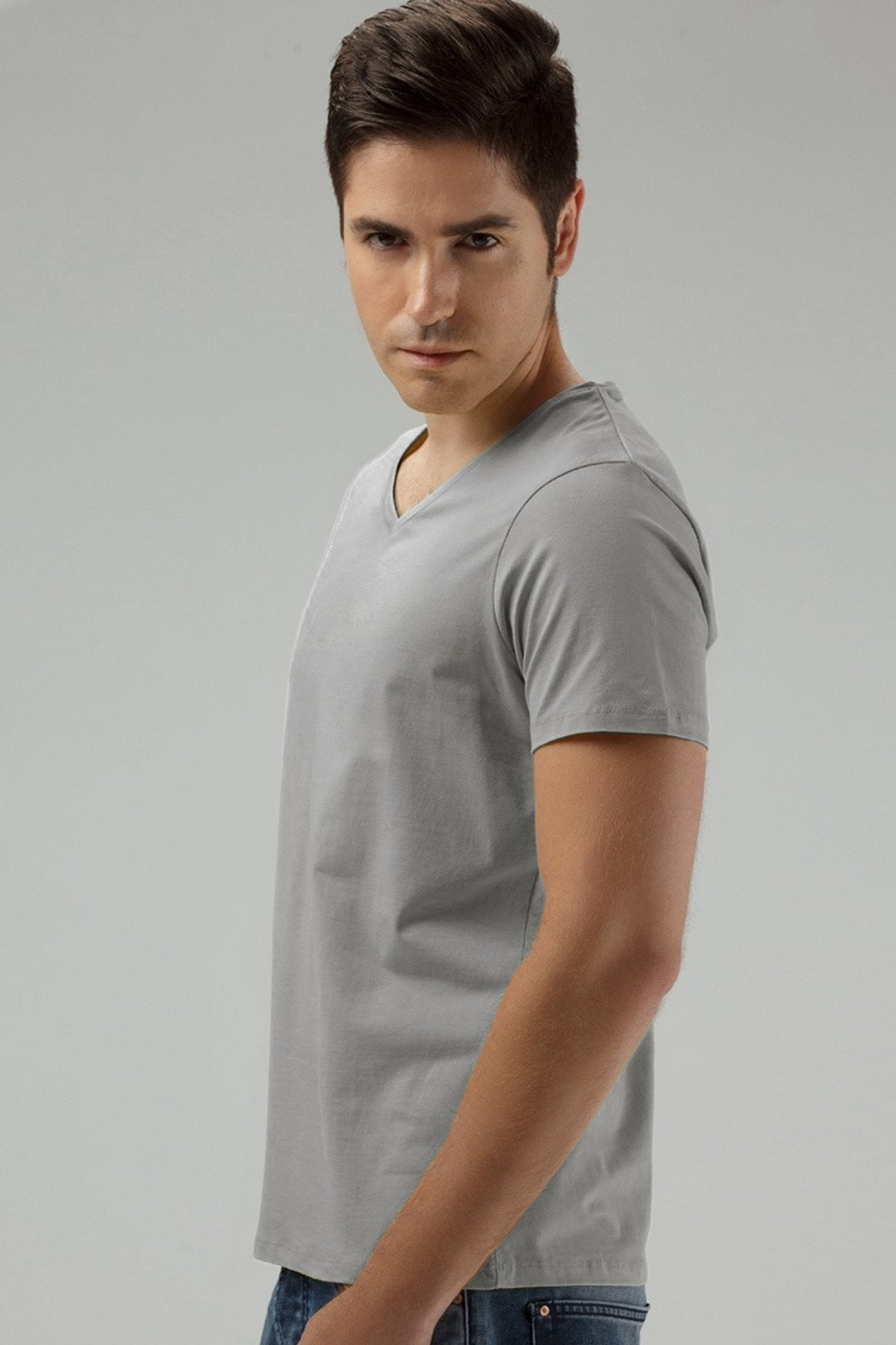 Solid V-Neck T-Shirt For Men - Grey 