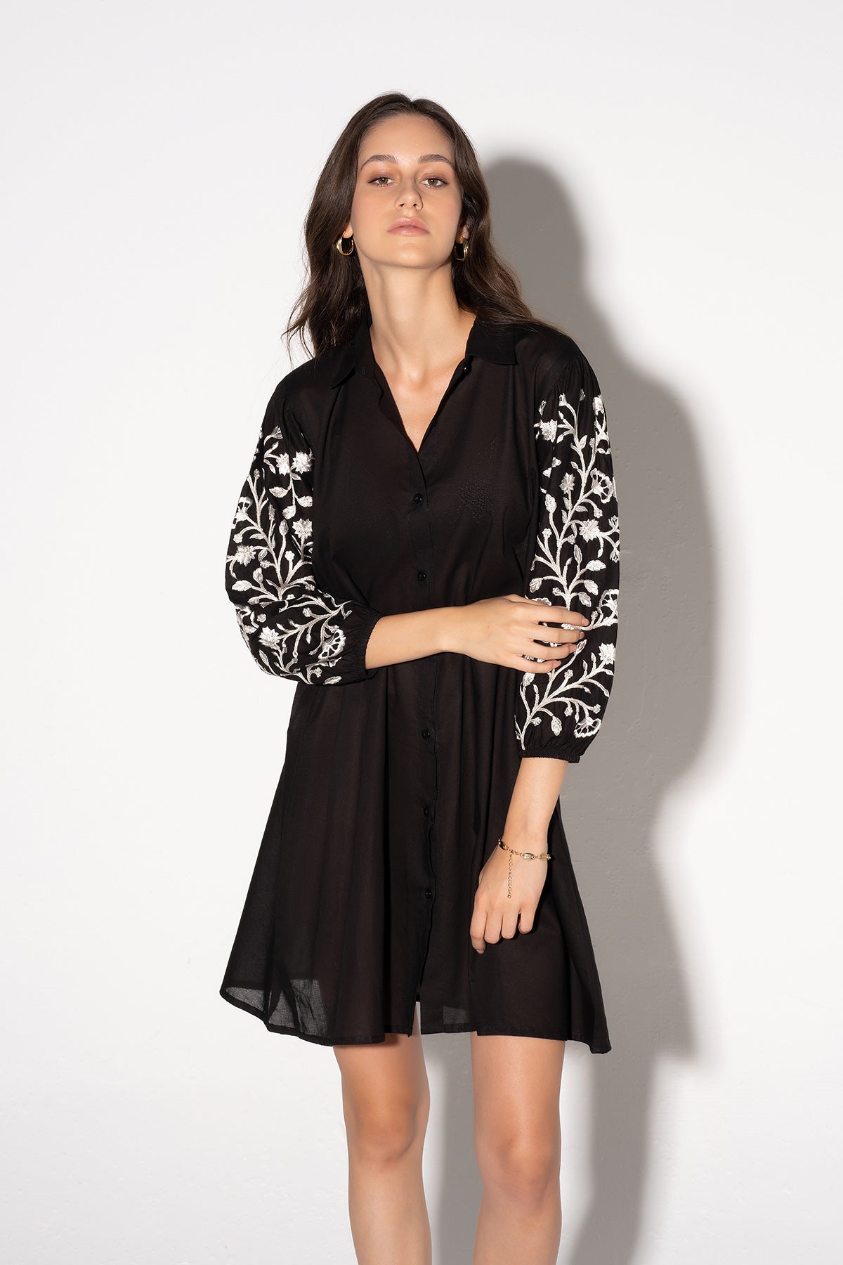 Embroidered Midi Button Down Dress